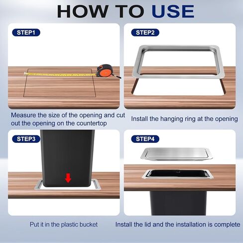 2.6 Gallon / 10 Lite Drop in Countertop Trash Can Built in Embedded Hidden Garbage Bin with Swing Top Lid Square Stainless Steel Recessed Waste Chute for Kitchen Office Restaurant Office Home Hotel in Saudi Arabia