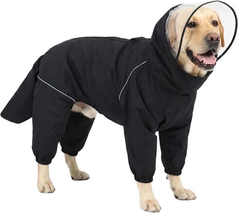 Dog Raincoat for Medium Large Dogs,rain Jacket Coat, Full Leg Coverage Waterproof Rain Suit with Detachable Hood & Tail, Reflective Strips, Snag-Free Top Zipper (Black for Boy, XX-Large) in Kuwait