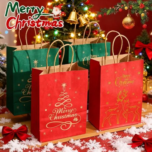 Mofinity Christmas Gift Bags with Handles, Xmas Kraft Paper Bags for Holiday, Christmas Goodie Bags, Xmas Treat Bags for Holiday Paper Party Gift Bags Party Supplies (Blue Kraft Gold) in Saudi Arabia