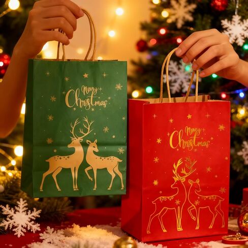Mofinity Christmas Gift Bags with Handles, Xmas Kraft Paper Bags for Holiday, Christmas Goodie Bags, Xmas Treat Bags for Holiday Paper Party Gift Bags Party Supplies (Blue Kraft Gold) in Saudi Arabia