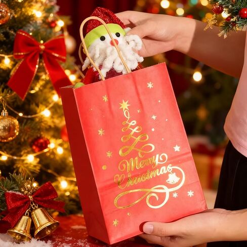 Mofinity Christmas Gift Bags with Handles, Xmas Kraft Paper Bags for Holiday, Christmas Goodie Bags, Xmas Treat Bags for Holiday Paper Party Gift Bags Party Supplies (Blue Kraft Gold) in Saudi Arabia
