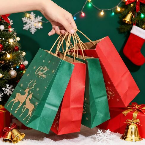 Mofinity Christmas Gift Bags with Handles, Xmas Kraft Paper Bags for Holiday, Christmas Goodie Bags, Xmas Treat Bags for Holiday Paper Party Gift Bags Party Supplies (Blue Kraft Gold) in Saudi Arabia