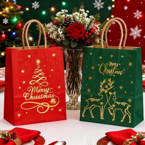 Mofinity Christmas Gift Bags with Handles, Xmas Kraft Paper Bags for Holiday, Christmas Goodie Bags, Xmas Treat Bags for Holiday Paper Party Gift Bags Party Supplies (Blue Kraft Gold) in Saudi Arabia