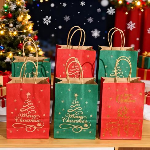 Mofinity Christmas Gift Bags with Handles, Xmas Kraft Paper Bags for Holiday, Christmas Goodie Bags, Xmas Treat Bags for Holiday Paper Party Gift Bags Party Supplies (Blue Kraft Gold) in Saudi Arabia
