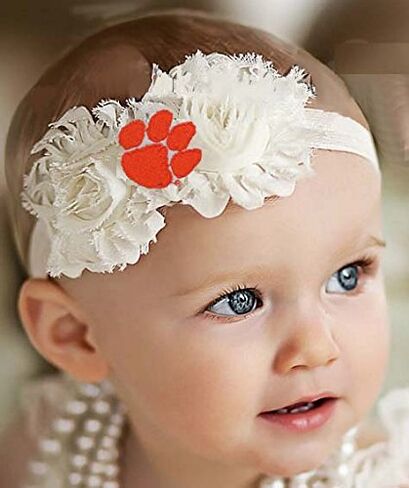 Clemson Tigers Baby Shabby Flower Hair Bow Headband - White in Saudi Arabia