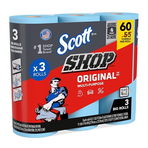 مناشف Scott® Shop Original™ (58145)، مناشف Blue Shop، عبوة واحدة مكونة من 3 لفات كبيرة، منشفة كبيرة مقاس 11 بوصة × 9.4 بوصة، (60 ورقة/لفة، إجمالي 180 ورقة) in Kuwait