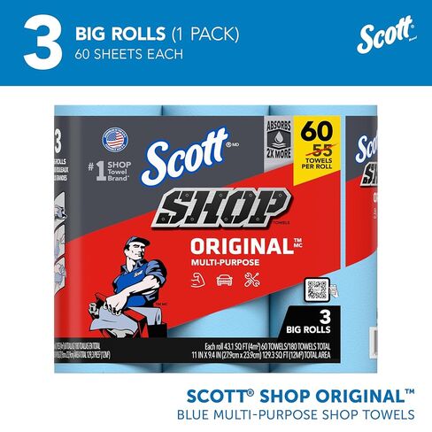 مناشف Scott® Shop Original™ (58145)، مناشف Blue Shop، عبوة واحدة مكونة من 3 لفات كبيرة، منشفة كبيرة مقاس 11 بوصة × 9.4 بوصة، (60 ورقة/لفة، إجمالي 180 ورقة) in Kuwait