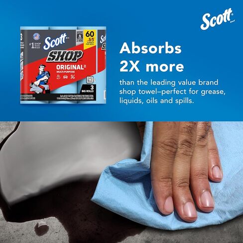 مناشف Scott® Shop Original™ (58145)، مناشف Blue Shop، عبوة واحدة مكونة من 3 لفات كبيرة، منشفة كبيرة مقاس 11 بوصة × 9.4 بوصة، (60 ورقة/لفة، إجمالي 180 ورقة) in Kuwait