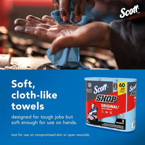 مناشف Scott® Shop Original™ (58145)، مناشف Blue Shop، عبوة واحدة مكونة من 3 لفات كبيرة، منشفة كبيرة مقاس 11 بوصة × 9.4 بوصة، (60 ورقة/لفة، إجمالي 180 ورقة) in Kuwait