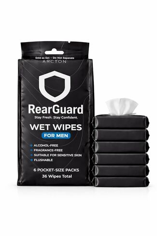 2026 RearGuard Pocket-Size Discreet Wet Toilet Paper Wipes for Men - Extra Large Surface, Great for Open Office or Travel, Unscented, Gentle, Alcohol-Free, Dispersible - 6 Packs of 6 (Total 36 Wipes) in Saudi Arabia