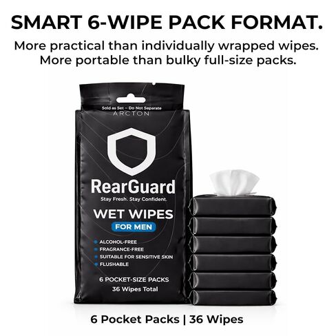 2026 RearGuard Pocket-Size Discreet Wet Toilet Paper Wipes for Men - Extra Large Surface, Great for Open Office or Travel, Unscented, Gentle, Alcohol-Free, Dispersible - 6 Packs of 6 (Total 36 Wipes) in Saudi Arabia