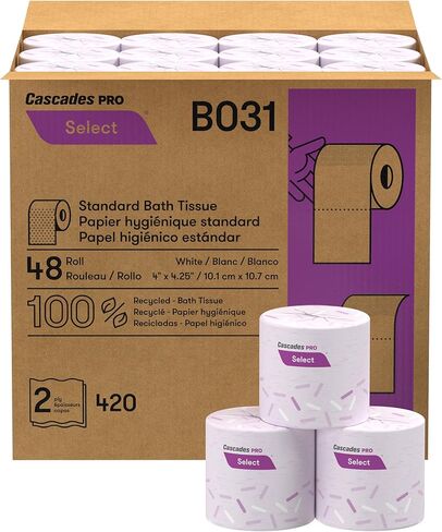 Cascades PRO Select Bath Tissue – Soft, Durable 2-Ply Toilet Paper Rolls – Fits Universal Dispensers – Individually Wrapped, Septic Safe, Recycled Fiber – 420 Sheets/Roll, 48 Rolls/Pack – B031 – White in Kuwait