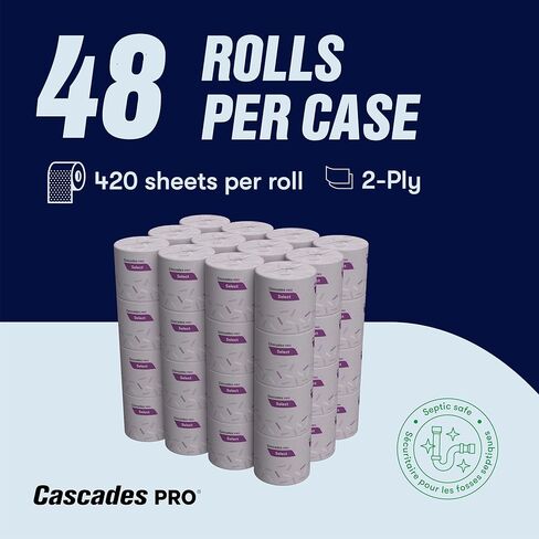 Cascades PRO Select Bath Tissue – Soft, Durable 2-Ply Toilet Paper Rolls – Fits Universal Dispensers – Individually Wrapped, Septic Safe, Recycled Fiber – 420 Sheets/Roll, 48 Rolls/Pack – B031 – White in Kuwait