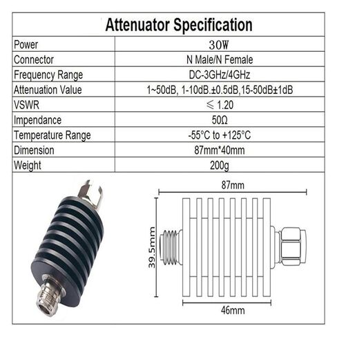 30W N-Type attenuator DC-3GHz/4GHz Male to Female coaxial Power Connector 50 ohms(20db,3G) in Saudi Arabia
