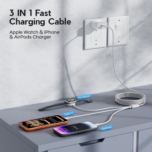 لشاحن ساعة أبل 3 في 1 كابل شحن سريع مع كتلة شاحن USB C 20 وات وسلك كابل iWatch مغناطيسي 3FT لسلسلة iWatch Ultra 3/2/SE/11/10/9/8/7/6/5/4/3/2، iPhone17 15 16 Pro Max/14/13/12 in Kuwait