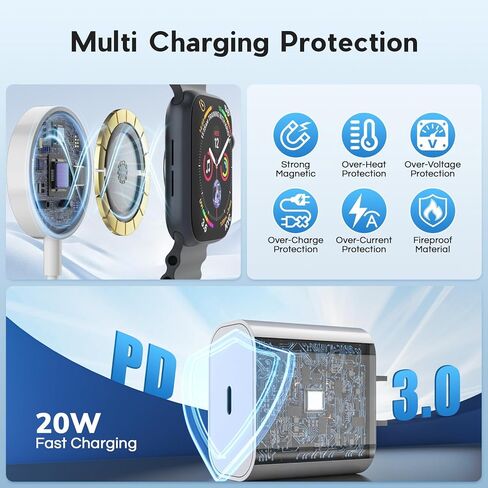 لشاحن ساعة أبل 3 في 1 كابل شحن سريع مع كتلة شاحن USB C 20 وات وسلك كابل iWatch مغناطيسي 3FT لسلسلة iWatch Ultra 3/2/SE/11/10/9/8/7/6/5/4/3/2، iPhone17 15 16 Pro Max/14/13/12 in Kuwait