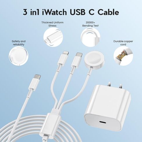 لشاحن ساعة أبل 3 في 1 كابل شحن سريع مع كتلة شاحن USB C 20 وات وسلك كابل iWatch مغناطيسي 3FT لسلسلة iWatch Ultra 3/2/SE/11/10/9/8/7/6/5/4/3/2، iPhone17 15 16 Pro Max/14/13/12 in Kuwait