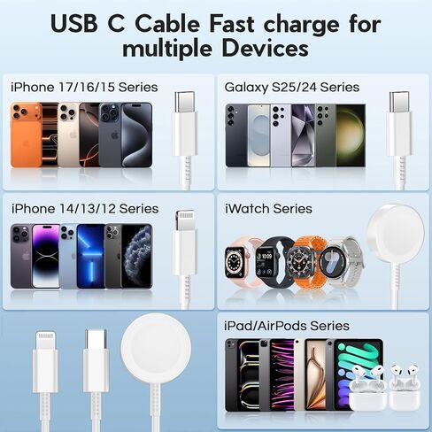 لشاحن ساعة أبل 3 في 1 كابل شحن سريع مع كتلة شاحن USB C 20 وات وسلك كابل iWatch مغناطيسي 3FT لسلسلة iWatch Ultra 3/2/SE/11/10/9/8/7/6/5/4/3/2، iPhone17 15 16 Pro Max/14/13/12 in Kuwait