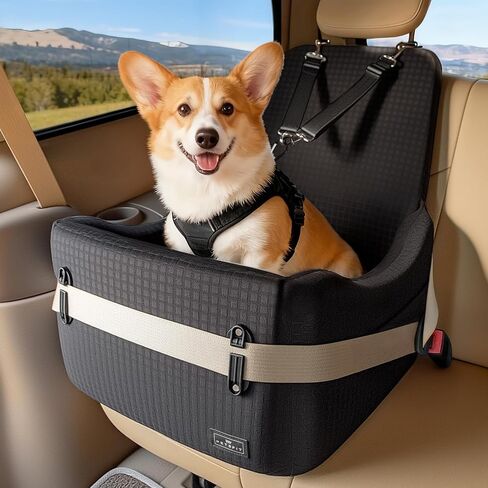PETSFIT Dog Car Seat for Small/Medium Dogs Up to 35 lbs – Patented Safety System, 6" Memory Foam Pet Booster Car Seat, Fully Detachable and Washable Dog Carseat with 2 Storage Pockets (Black & Grey) in Saudi Arabia