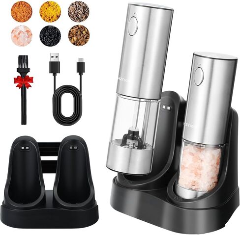 Electric Salt and Pepper Grinder Set with Charging Base - One Handed Automatic Spice Mill, Adjustable Coarseness Pepper Grinder, LED Light, Stainless Steel for Modern Kitchen & BBQ in Kuwait