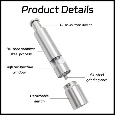 قطعة واحدة من مطحنة الملح والفلفل، مطحنة ملح وفلفل من الفولاذ المقاوم للصدأ الحديثة، للفلفل الأسود وملح البحر وملح الهيمالايا والتوابل والملح (فضي) in Kuwait