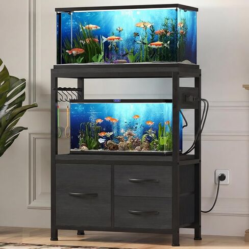 Heybly 20-29 Gallon Fish Tank Stand, Aquarium Stand with Drawer, Power Outlet, Heavy Duty Metal Frame, for Fish Tank, Turtle & Reptile Terrarium, 31.5" x 15.7" Top, 330lbs, Black HAS001BK in Kuwait