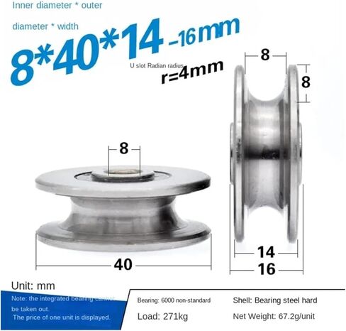 2 Pieces Metal Pulley Roller Bearing Pulley Mechanical Guide Wheel Sliding Track Roller Pulley 10x40x14mm(U8x40x12 R 5) in Saudi Arabia