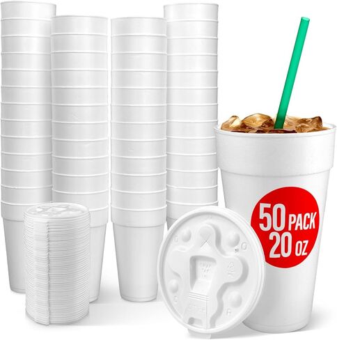 20 Oz Styrofoam Cups with Lids (50 Pack) Large Foam Cups for Hot and Cold Drinks, Insulated White Styrofoam Coffee Cups, Soda, Juice, Tea - Made in USA in Saudi Arabia