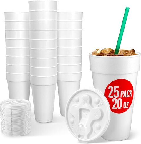 20 Oz Styrofoam Cups with Lids (50 Pack) Large Foam Cups for Hot and Cold Drinks, Insulated White Styrofoam Coffee Cups, Soda, Juice, Tea - Made in USA in Saudi Arabia