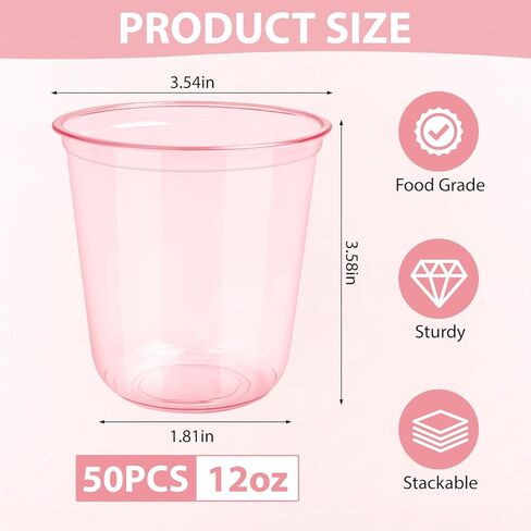 GGOLDMER 50 PCS Pink Plastic Cups - 12oz Disposable Stemless Wine Glasses, Clear Pink Cocktail Party Cups for Valentine's Day, Baby Shower, Wedding, Birthday Party in Kuwait