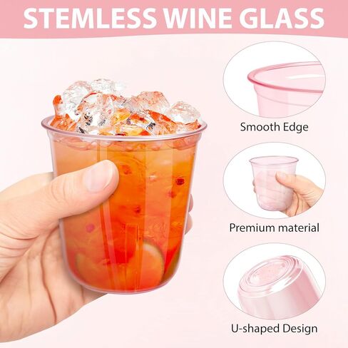 GGOLDMER 50 PCS Pink Plastic Cups - 12oz Disposable Stemless Wine Glasses, Clear Pink Cocktail Party Cups for Valentine's Day, Baby Shower, Wedding, Birthday Party in Kuwait