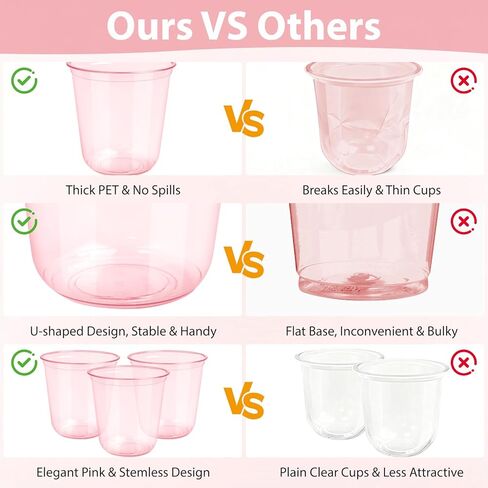 GGOLDMER 50 PCS Pink Plastic Cups - 12oz Disposable Stemless Wine Glasses, Clear Pink Cocktail Party Cups for Valentine's Day, Baby Shower, Wedding, Birthday Party in Kuwait