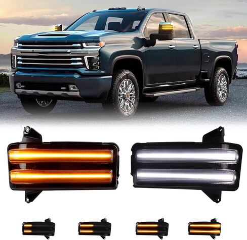 ضوء إشارة الانعطاف الجانبي المتسلسل متوافق مع 2020-2024 Chevy Silverado/GMC Sierra 2500 3500، مصابيح مرآة السحب الخلفية، ضوء انتظار سيارات ديناميكي كهرماني وأبيض، عدسات مدخنة قطعتان in Kuwait