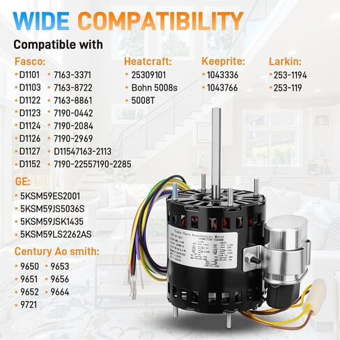 محرك مروحة التبريد متوافق مع Fasco D1127 9721، HeatCraft5008S 5008T، Bohn25309101، Century 9650 AO Smith 965، محرك HVAC، 1/12HP 1550RPM 115/230V، 60 هرتز 1.1/0.6 أمبير in Kuwait