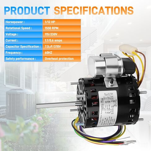 محرك مروحة التبريد متوافق مع Fasco D1127 9721، HeatCraft5008S 5008T، Bohn25309101، Century 9650 AO Smith 965، محرك HVAC، 1/12HP 1550RPM 115/230V، 60 هرتز 1.1/0.6 أمبير in Kuwait