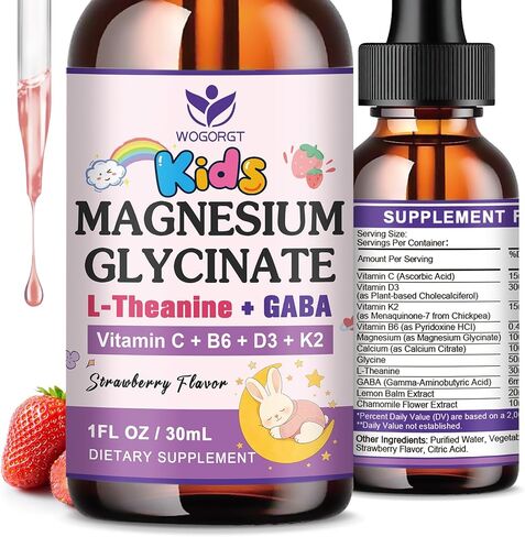 Magnesium Glycinate Drops for Kids - Relaxation & Cognition Support - 200mg Liquid Magnesium Glycinate Supplement with L-Theanine, GABA, B6, D3, K2 - Sugar Free, Strawberry Flavor - 1 Fl Oz (2 Pack) in Kuwait