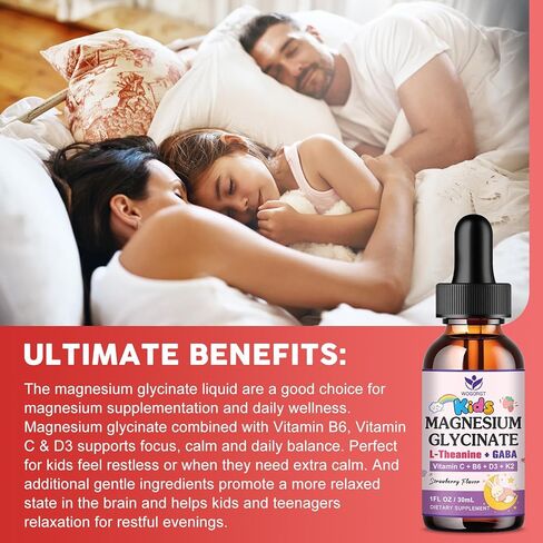 Magnesium Glycinate Drops for Kids - Relaxation & Cognition Support - 200mg Liquid Magnesium Glycinate Supplement with L-Theanine, GABA, B6, D3, K2 - Sugar Free, Strawberry Flavor - 1 Fl Oz (2 Pack) in Kuwait