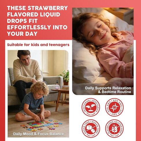 Magnesium Glycinate Drops for Kids - Relaxation & Cognition Support - 200mg Liquid Magnesium Glycinate Supplement with L-Theanine, GABA, B6, D3, K2 - Sugar Free, Strawberry Flavor - 1 Fl Oz (2 Pack) in Kuwait