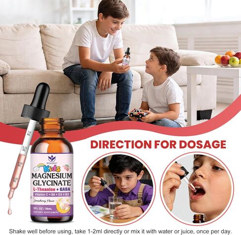 Magnesium Glycinate Drops for Kids - Relaxation & Cognition Support - 200mg Liquid Magnesium Glycinate Supplement with L-Theanine, GABA, B6, D3, K2 - Sugar Free, Strawberry Flavor - 1 Fl Oz (2 Pack) in Kuwait