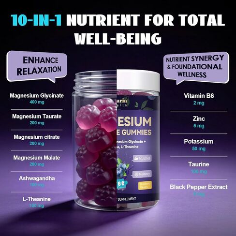 Magnesium Glycinate Gummies 400mg - Magnesium Complex Gummy with Malate, Taurate & Citrate - Supports Sleep, Relaxation, Brain & Muscle - 60 Count Blueberry Flavor (Sugar Free & Vegan) in Kuwait