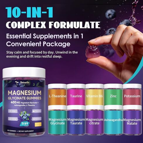 Magnesium Glycinate Gummies 400mg - Magnesium Complex Gummy with Malate, Taurate & Citrate - Supports Sleep, Relaxation, Brain & Muscle - 60 Count Blueberry Flavor (Sugar Free & Vegan) in Kuwait