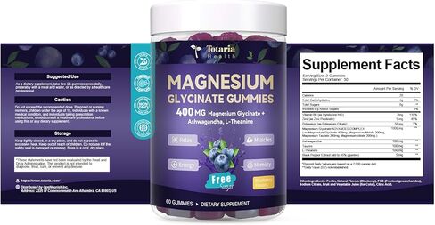 Magnesium Glycinate Gummies 400mg - Magnesium Complex Gummy with Malate, Taurate & Citrate - Supports Sleep, Relaxation, Brain & Muscle - 60 Count Blueberry Flavor (Sugar Free & Vegan) in Kuwait