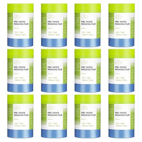 Tangibay Pre-Taped Masking Film for Painting - 22" x 66' Painters Plastic Sheeting with Automotive Paint Tape and Drape for Covering Cars, Walls, Windows and Furniture Protection (12 Rolls) in Saudi Arabia