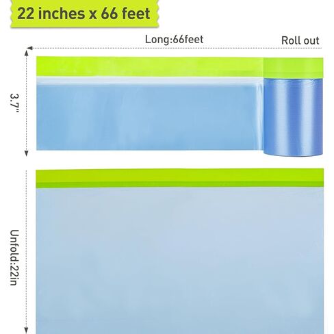 Tangibay Pre-Taped Masking Film for Painting - 22" x 66' Painters Plastic Sheeting with Automotive Paint Tape and Drape for Covering Cars, Walls, Windows and Furniture Protection (12 Rolls) in Saudi Arabia