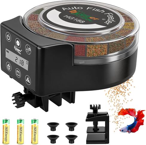 hygger Automatic Fish Feeder for Aquarium: Auto Fish Food Dispenser with LED Display & Timer, Aquarium Vacation Feeder with 3 AA Batteries for Betta Turtle Goldfish in Saudi Arabia