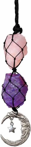 Moon Crystal Car Hanging Ornament with Amethyst & Rose Quartz – Purple Rearview Mirror Charm, Boho Witchy Car Decor for Women, Spiritual Hanging Accessory for Vehicle Interior in Saudi Arabia
