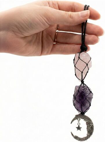 Moon Crystal Car Hanging Ornament with Amethyst & Rose Quartz – Purple Rearview Mirror Charm, Boho Witchy Car Decor for Women, Spiritual Hanging Accessory for Vehicle Interior in Saudi Arabia