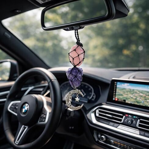 Moon Crystal Car Hanging Ornament with Amethyst & Rose Quartz – Purple Rearview Mirror Charm, Boho Witchy Car Decor for Women, Spiritual Hanging Accessory for Vehicle Interior in Saudi Arabia