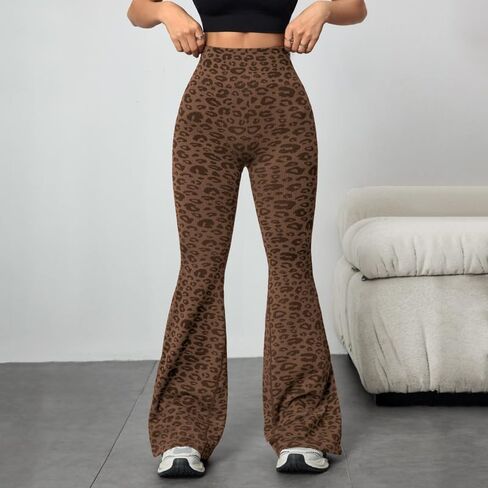 Women's Leopard Print Yoga Flared Pants High Waist Butt Lifting Printed Flare Leggings, Peach Hip Fitness Long Pants in Saudi Arabia