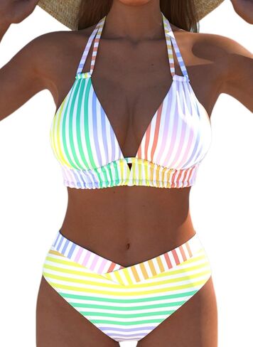 ROSEWE Womens Double Straps Bikini Sets, V-Neck Triangle Top with Mid-Waisted Briefs, Two Piece Colorful Halter Swimsuits in Saudi Arabia